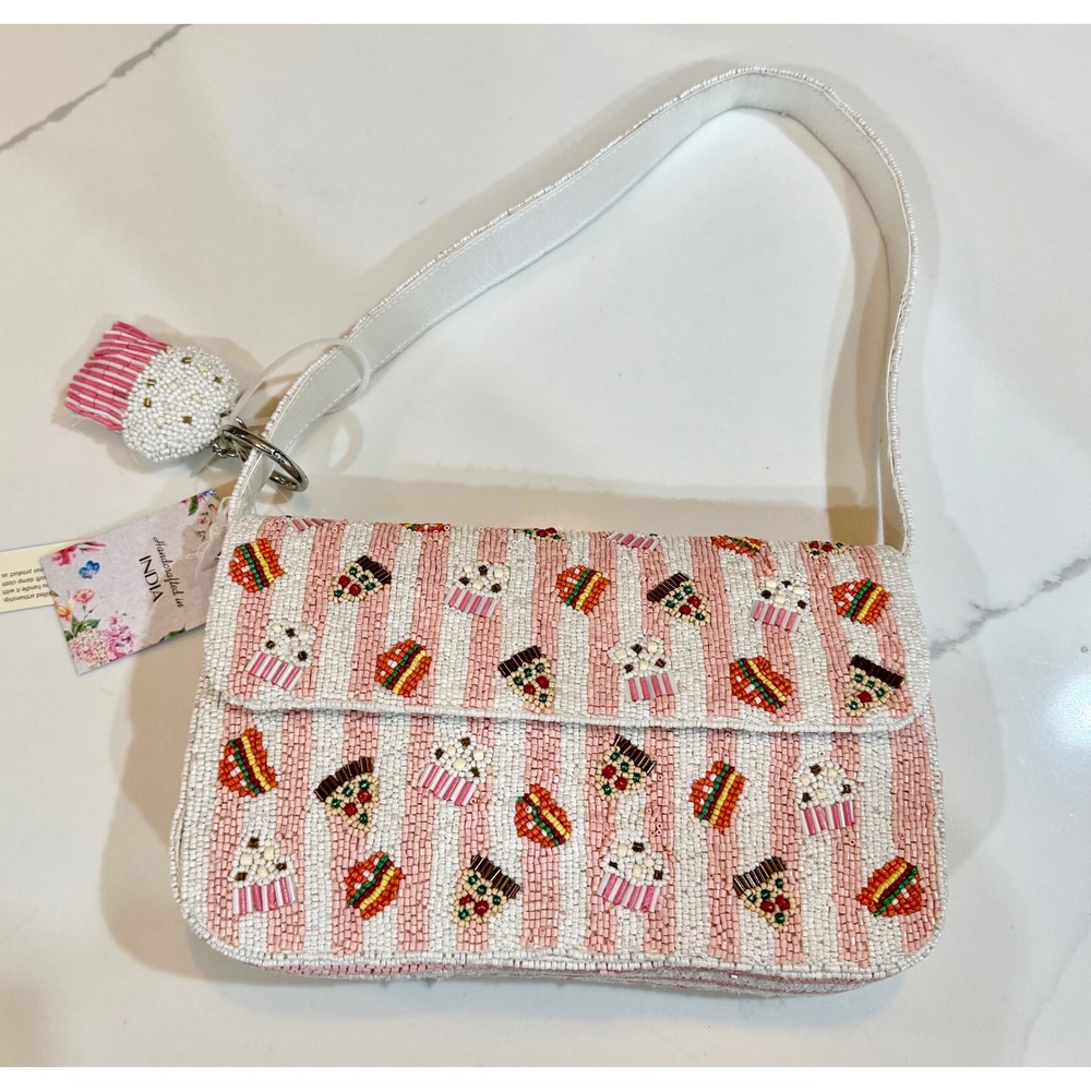 Handcrafted Beaded Stripe Shoulder Bag Food Burger Pizza purse India Artisan NWT